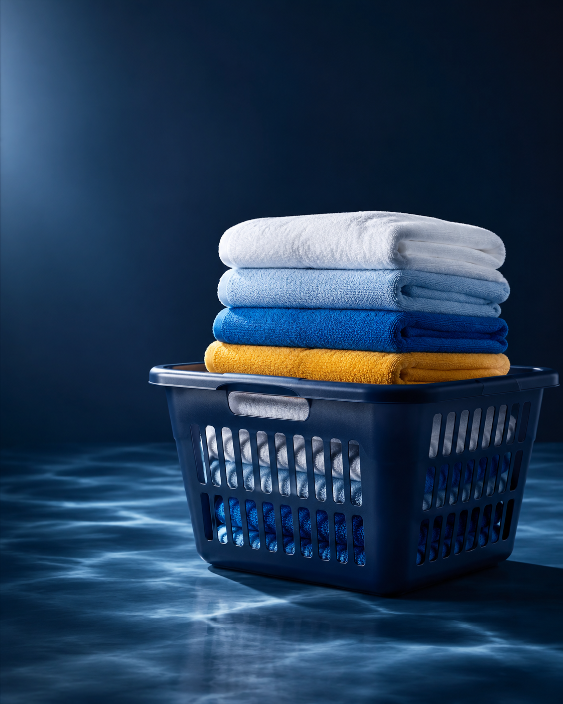 Freshly folded blue, white and gold towels in a laundry basket